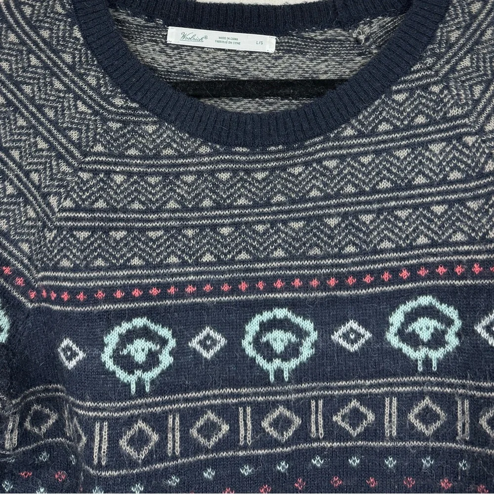 Woolrich Sheep Fair Isle Sweater Navy Blue Wool Light Weight Knit Size Large